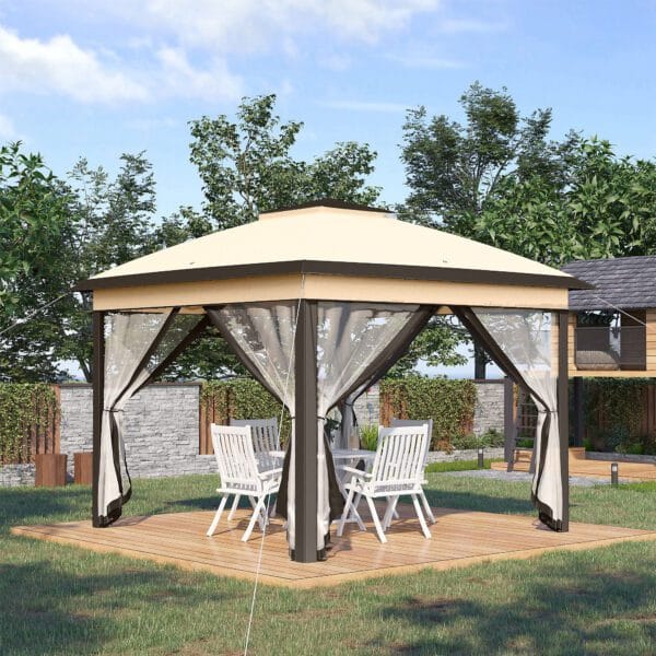 Outsunny 330cm x 330cm Pop Up Canopy, Double Roof Foldable Canopy Tent with Zippered Mesh Sidewalls, Height Adjustable, Beige